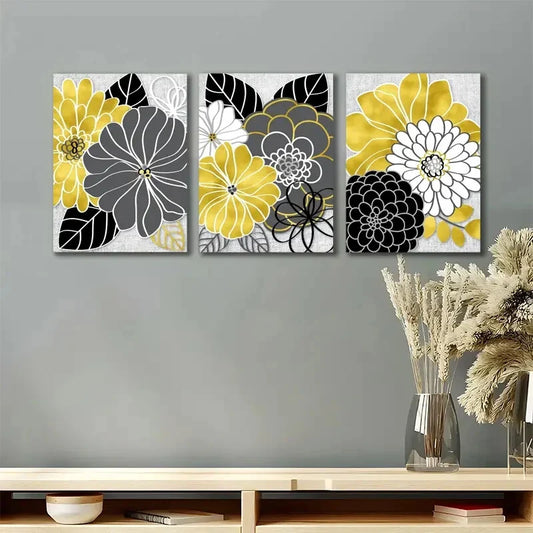 3pcs Black Golden Gray Abstract Floral Metal Print Ready to Hang Art