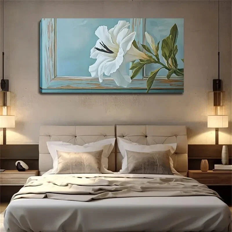 White Flower with Black Stamens Wall Art Canvas Office Home Room Framed 120x60cm