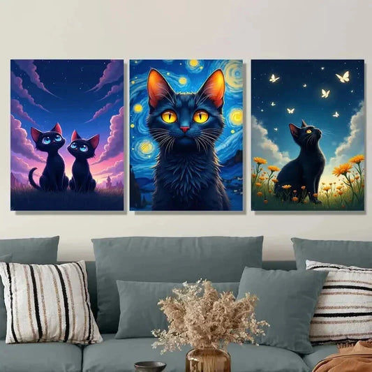3pcs Night Cat Triptych Yellow Eyes, Vibrant Wall Art Set Canvas Framed 40x60cm - High Quality Print 100% Australian Made Wall Canvas Ready to Hang
