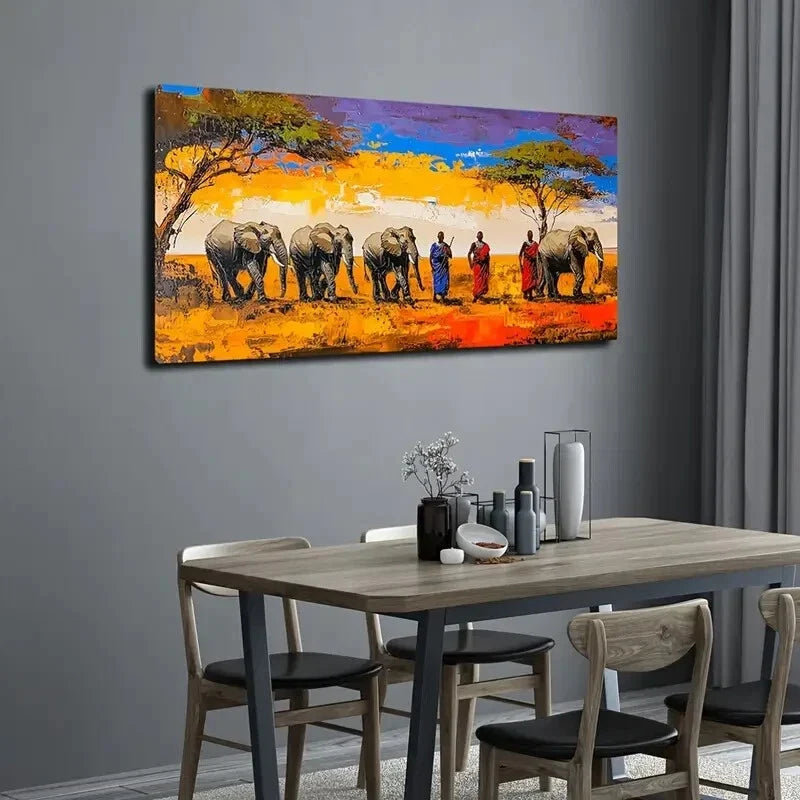 Elephants Traditional Figures Wall Art Canvas Office Home Room Framed 120x60cm