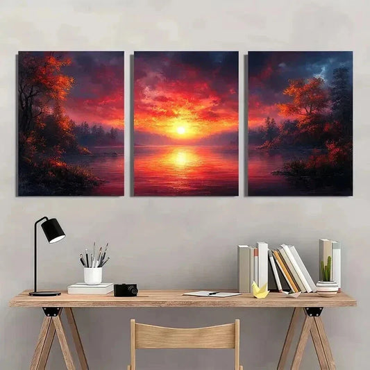 3pcs Serene Lake Sunset & Forest Scenery Wall Art Set Canvas Framed 40x60cm - High Quality Print 100% Australian Made Wall Canvas Ready to Hang
