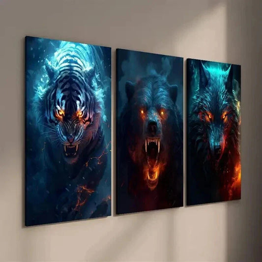 3pcs Angry Tiger Wolf Bear Animal Wall Art Set Canvas Framed 40x60cm - High Quality Print 100% Australian Made Wall Canvas Ready to Hang