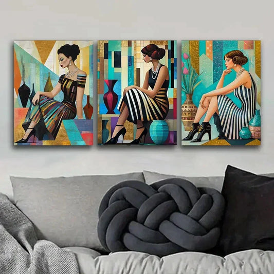 3pcs Retro fashion girl, Art Painting Metal Print Ready to Hang Art
