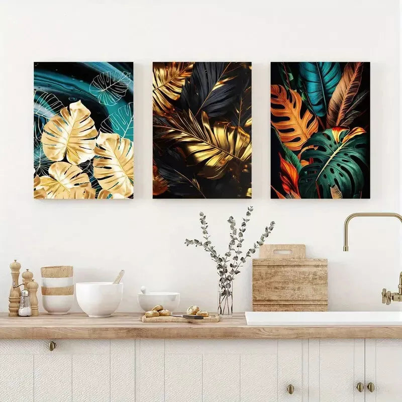 3pcs Stylish Black And Golden Feathers Leaves Wall Art Set Canvas Framed 40x60cm - High Quality Print 100% Australian Made Wall Canvas Ready to Hang