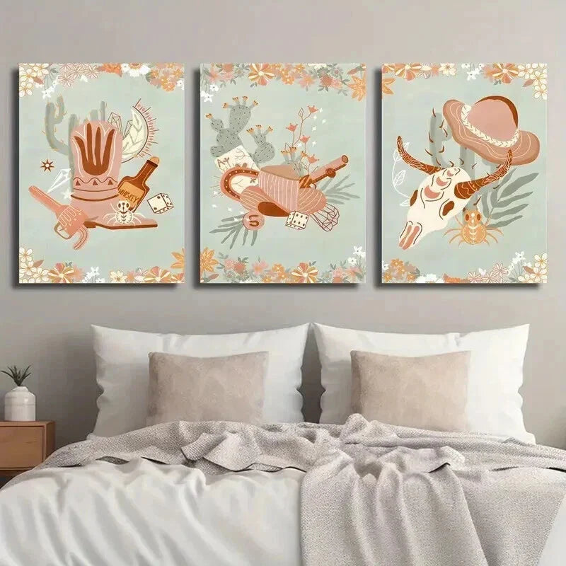 3pcs Southwestern Cowboy Boots & Hat Wall Art Set Canvas Framed 40x60cm - High Quality Print 100% Australian Made Wall Canvas Ready to Hang