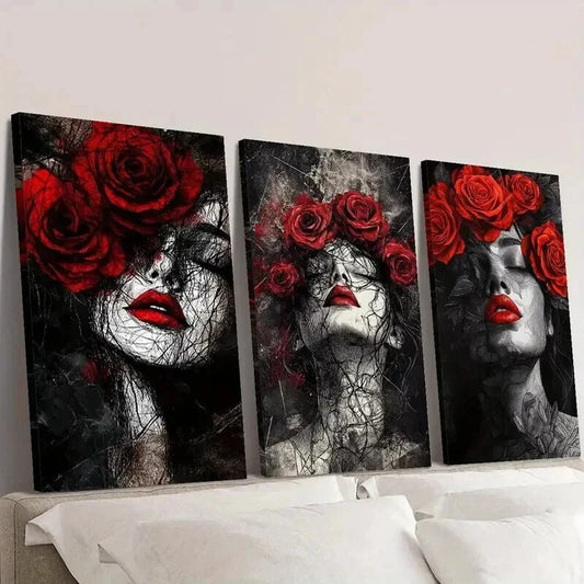 3pcs Elegant Women with Red Roses Wall Art Set Canvas Framed 40x60cm - High Quality Print 100% Australian Made Wall Canvas Ready to Hang