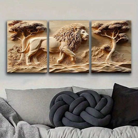 3pcss Lion In The Jungle Nature Wall Art Set Canvas Framed 40x60cm - High Quality Print 100% Australian Made Wall Canvas Ready to Hang