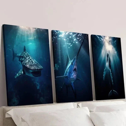 3pcs Whale Shark Swordfish Blue Whale Aquatic Wall Art Set Canvas Framed 40x60cm - High Quality Print 100% Australian Made Wall Canvas Ready to Hang