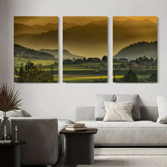 3pcs Mountainous View with Golden Sunset Metal Print Ready to Hang Art