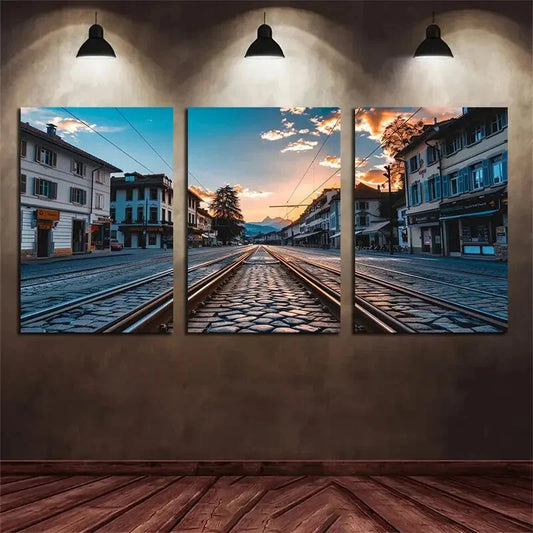 3pcs Symmetrical Cityscape Train Tracks Metal Print Ready to Hang Art