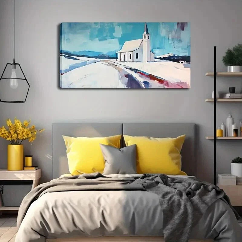 Snowy Landscape White Church Wall Art Canvas Office Home Room Framed 120x60cm