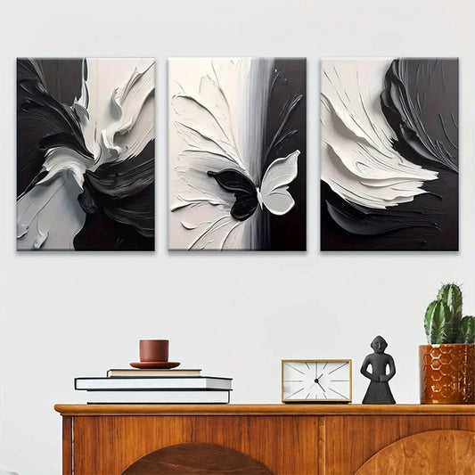 3pcs Abstract Black & White Butterfly Metal Print Ready to Hang Art