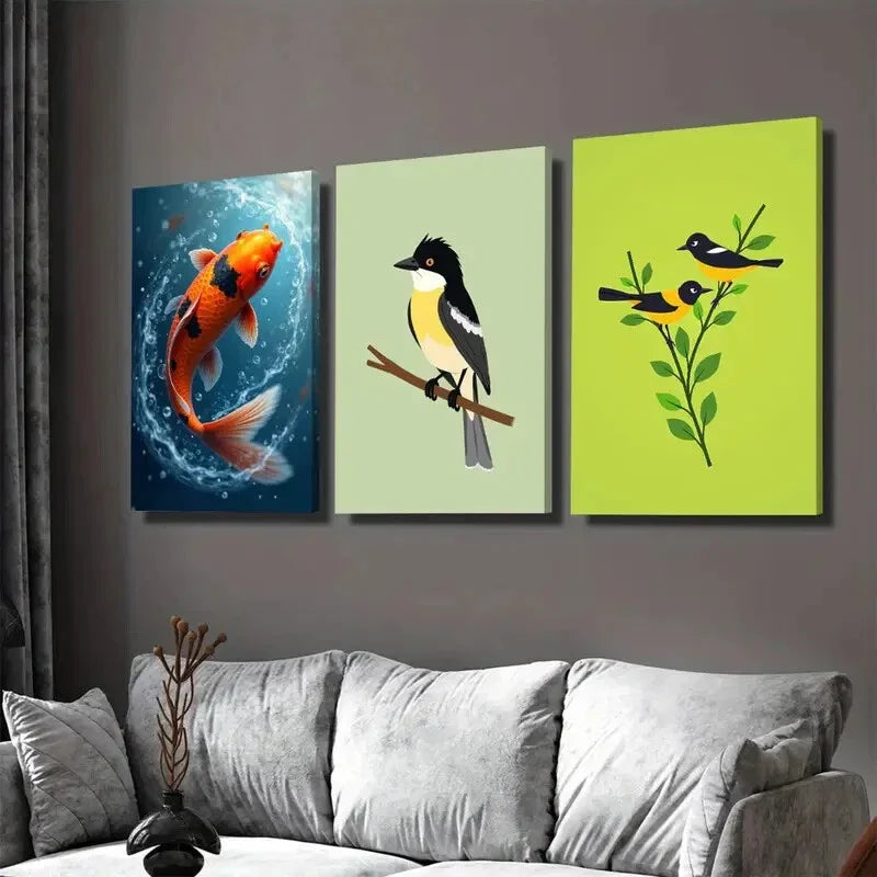 3pcs Colorful Fish and Birds Vibrant Nature Wall Art Set Canvas Framed 40x60cm - High Quality Print 100% Australian Made Wall Canvas Ready to Hang