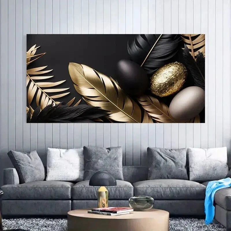 Modern Golden Feather Eggs Wall Art Canvas Office Home Room Framed 80x45cm