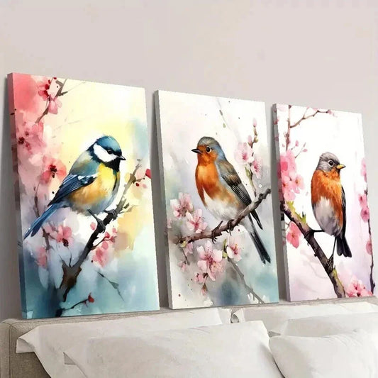3pcs Titmouse on a Flowering Branch Wall Art Set Canvas Framed 40x60cm - High Quality Print 100% Australian Made Wall Canvas Ready to Hang
