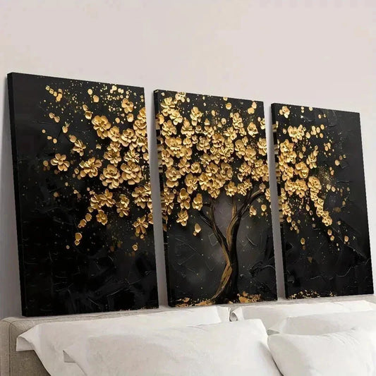 3pcs Abstract Golden Leaf Flower Tree Wall Art Set Canvas Framed 40x60cm - High Quality Print 100% Australian Made Wall Canvas Ready to Hang