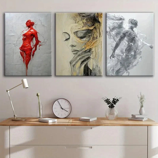 3pcs Abstract Figure Gold Gray Red Ladies White Wall Art Set Canvas Framed 40x60cm - High Quality Print 100% Australian Made Wall Canvas Ready to Hang