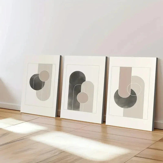 3pcs Mid Century Modern Abstract Shapes Rounds Wall Art Set Canvas Framed 40x60cm - High Quality Print 100% Australian Made Wall Canvas Ready to Hang