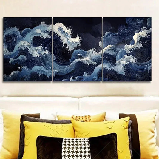 3pcs Navy Blue Swirl Contemporary Metal Print Ready to Hang Art