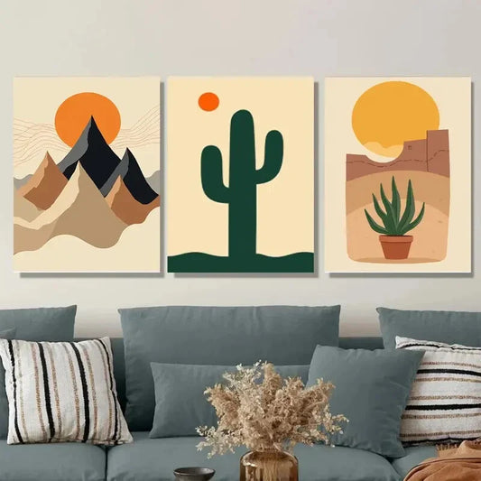 3pcs Modern Desert Landscape Abstract Cactus Wall Art Set Canvas Framed 40x60cm - High Quality Print 100% Australian Made Wall Canvas Ready to Hang