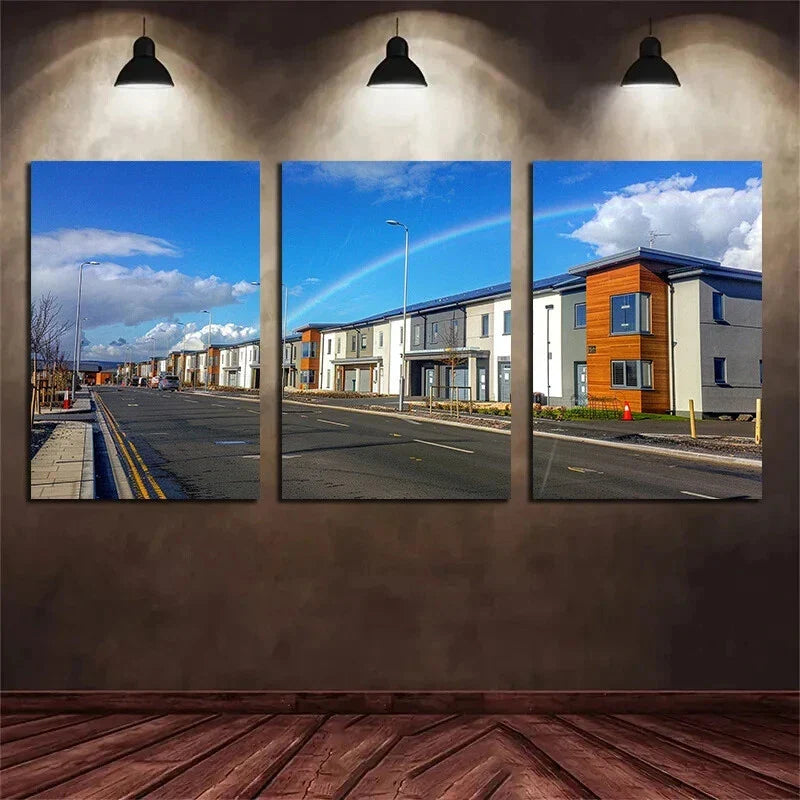 3pcs Modern House Front Rainbow Metal Print Ready to Hang Art