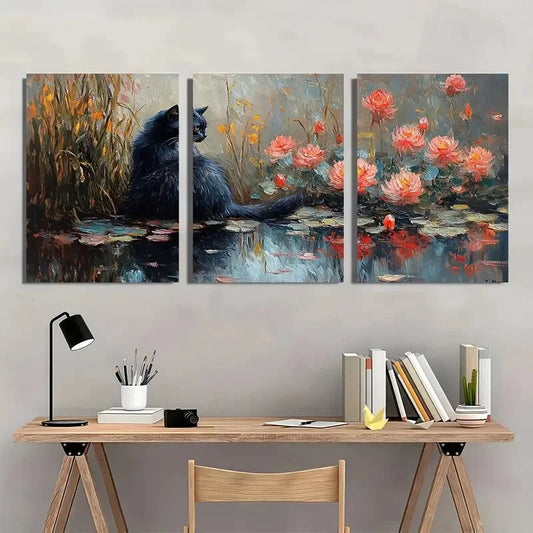 3pcs Monet-Inspired Black Cat & Water Lilies Metal Print Ready to Hang Art