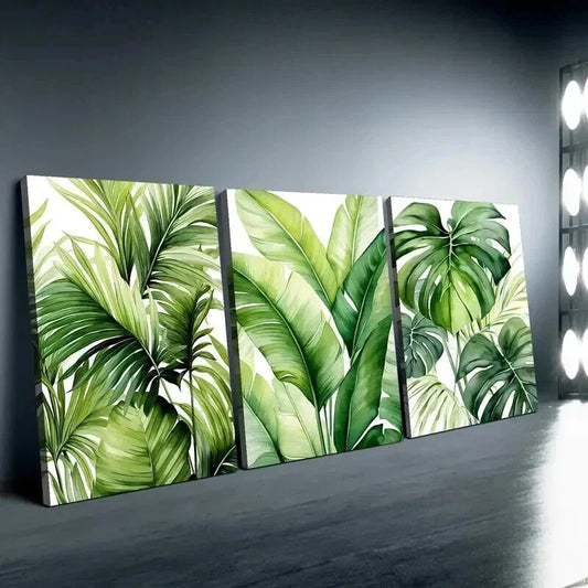 3pcs Vibrant Tropical Green Leaf Deco Wall Art Set Canvas Framed 40x60cm - High Quality Print 100% Australian Made Wall Canvas Ready to Hang