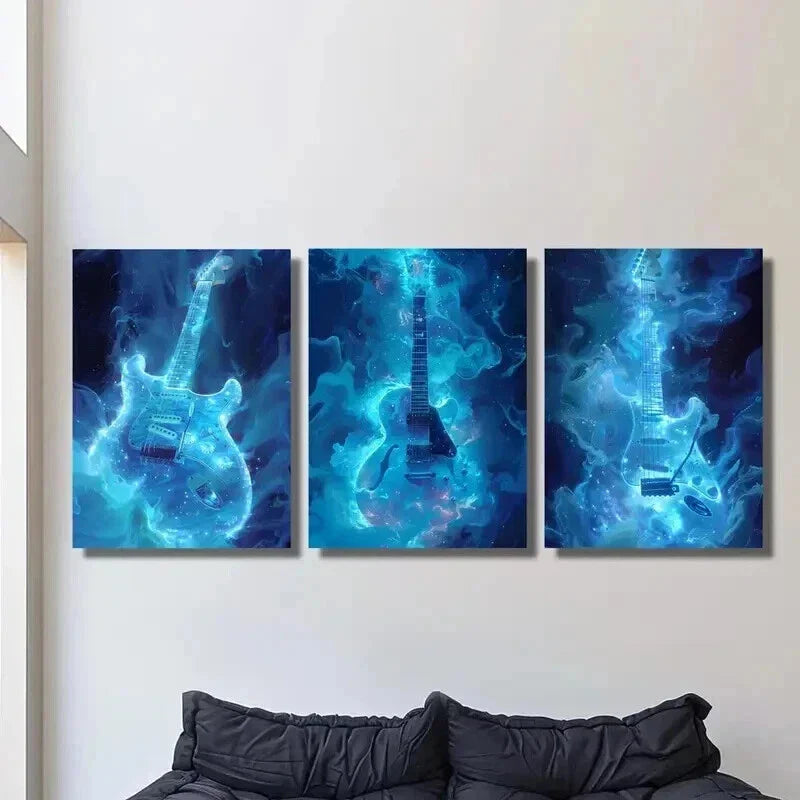 3pcs Guitars with Blue Flames Decoration Wall Art Set Canvas Framed 40x60cm - High Quality Print 100% Australian Made Wall Canvas Ready to Hang