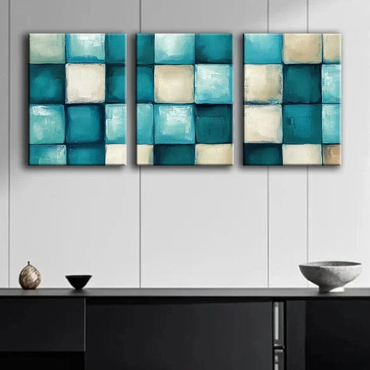 3pcs Abstract Geometric Shapes Colourful Blue Metal Print Ready to Hang Art