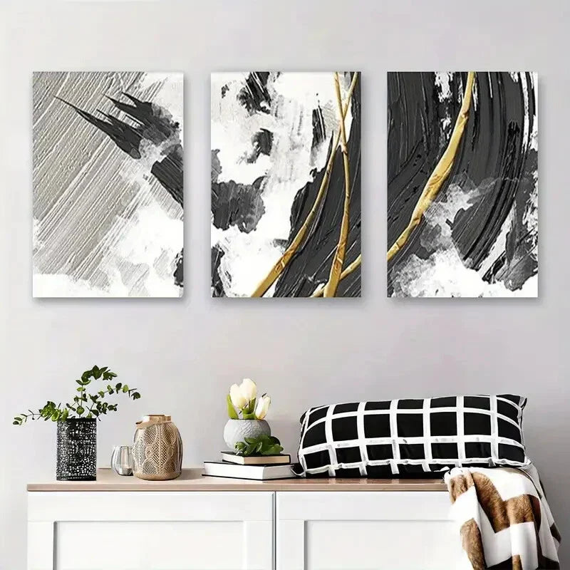 3pcs Abstract Black and White Geometric Metal Print Ready to Hang Art
