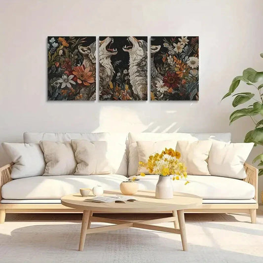 3pcs Two Wolves Howling at Moonlight Metal Print Ready to Hang Art