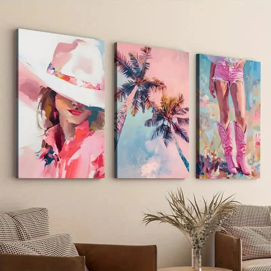 3pcs Palm Summer Cowgirl Girly Trendy Dorm Wall Art Set Canvas Framed 40x60cm - High Quality Print 100% Australian Made Wall Canvas Ready to Hang