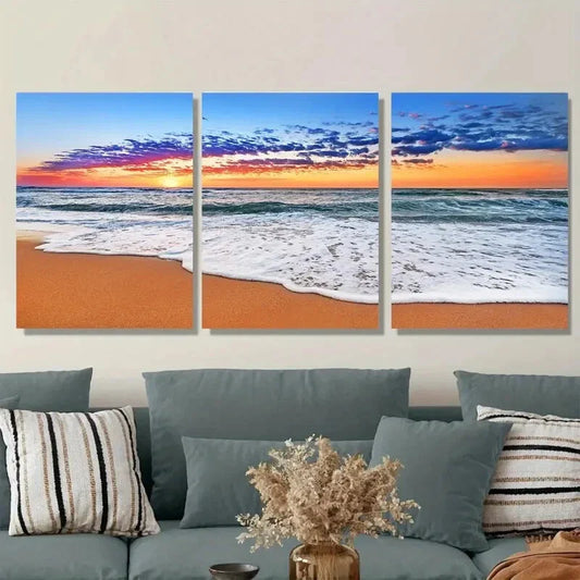 3pcs Beach Sunset Triptych Seascape with Sandy Metal Print Ready to Hang Art