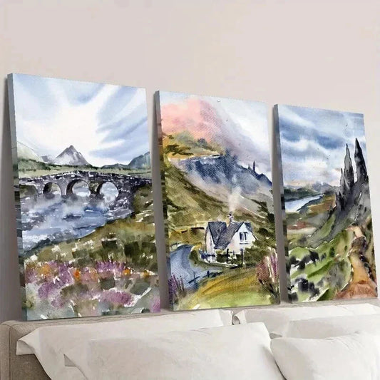 3pcs Watercolor Mountains River & Nature Wall Art Set Canvas Framed 40x60cm - High Quality Print 100% Australian Made Wall Canvas Ready to Hang