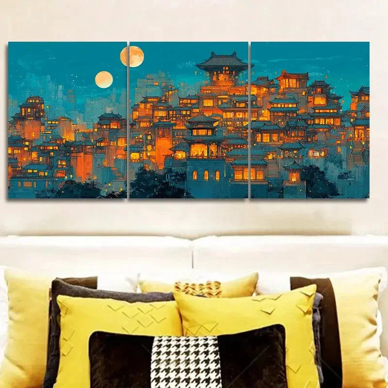3pcs Bustling city Art Painting Metal Print Ready to Hang Art