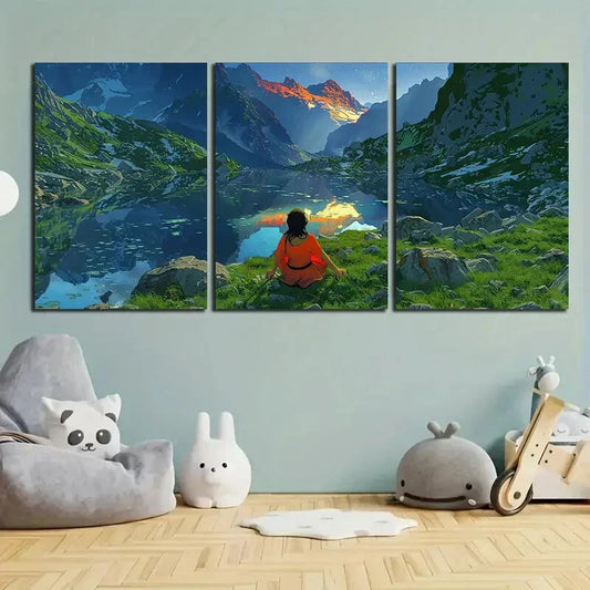 3pcs Mountain River Green Grasses Metal Print Ready to Hang Art