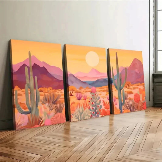 3pcs Arizona Sunset Colourful Mountains Orange Wall Art Set Canvas Framed 40x60cm - High Quality Print 100% Australian Made Wall Canvas Ready to Hang