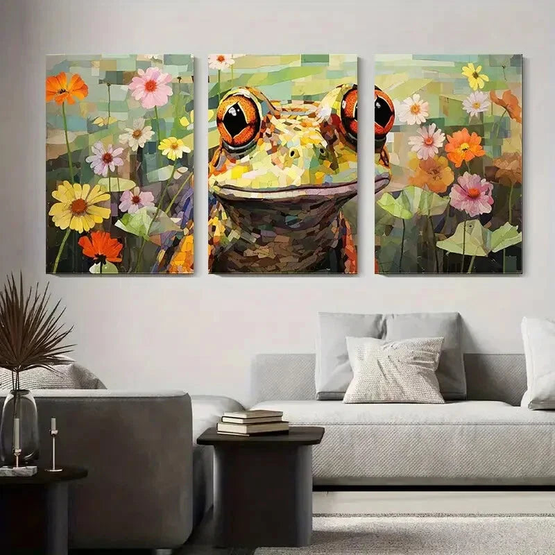 3pcs Colorful Mosaic Frog with Flowers Metal Print Ready to Hang Art