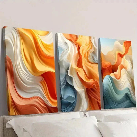 3pcs Orange and White Flowing Waves Wall Art Set Canvas Framed 40x60cm - High Quality Print 100% Australian Made Wall Canvas Ready to Hang