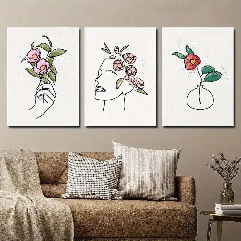 3pcs Floral Poster with Human Face And Hands Wall Art Set Canvas Framed 40x60cm - High Quality Print 100% Australian Made Wall Canvas Ready to Hang