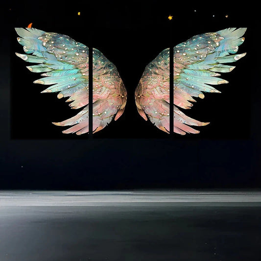 3pcs Angel Wings Blue Rose Stunning Gold Metal Print Ready to Hang Art