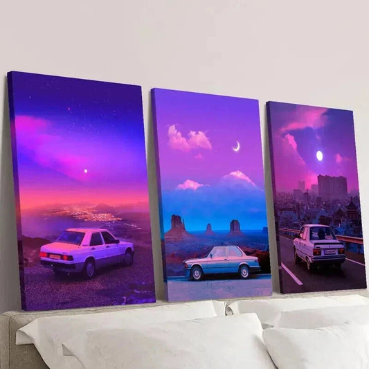 3pcs Classic Cars Moonlit Nights & Vibrant Skies Wall Art Set Canvas Framed 40x60cm - High Quality Print 100% Australian Made Wall Canvas Ready to Hang
