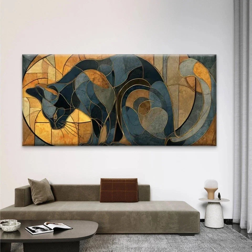 Geometric Abstract Cat Design Wall Art Canvas Office Home Room Framed 80x45cm