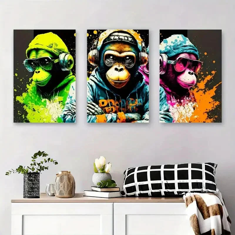 3pcs Colorful Monkeys with Headphones and Fashion Metal Print Ready to Hang Art