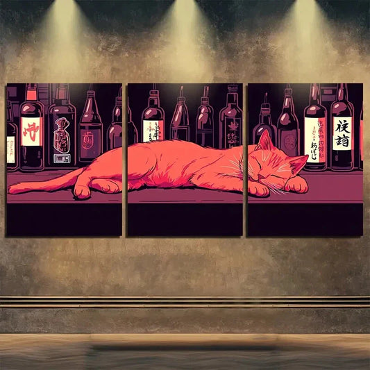 3pcs Peaceful Adorable Cat Cute Bar Perfect Wall Art Set Canvas Framed 40x60cm - High Quality Print 100% Australian Made Wall Canvas Ready to Hang