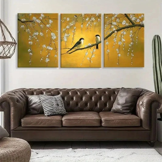 3pcs Birds & White Flowers on Yellow Perfect Wall Art Set Canvas Framed 40x60cm - High Quality Print 100% Australian Made Wall Canvas Ready to Hang