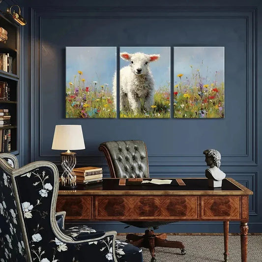 3pcs Whimsical Lamb in Floral Meadow Soft Pastel Metal Print Ready to Hang Art