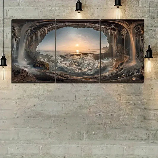 3pcs Sunset Behind Endless Waterfall Metal Print Ready to Hang Art