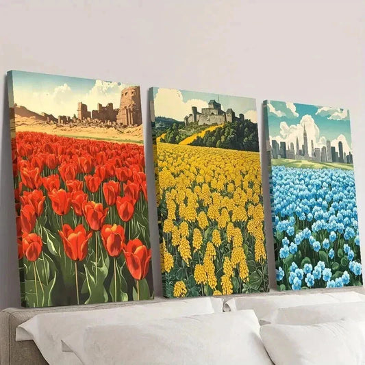 3pcs Red Yellow and Blue Flower Field Wall Art Set Canvas Framed 40x60cm - High Quality Print 100% Australian Made Wall Canvas Ready to Hang
