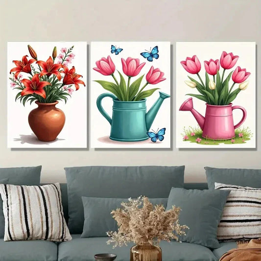 3pcs Red Lilies, Pink Tulips Blue Butterflies Metal Print Ready to Hang Art